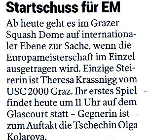 Squash-EM in Graz. Bericht der Kleinen Zeitung vom 29. August 2018