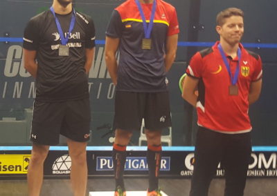 Squash-Einzel-Europameisterschaft 2018 in Graz Siegerfoto Herren. George Parker (ENG), Borja Golan (ESP), Raphael Kandra (GER)