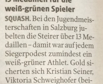 Zeitungsbericht der Kleinen Zeitung vom 8.5.2019 über die Erfolge der Grazer Squash-Jugend bei den Österreichischen Jugend-Squash-Meisterschaften 2019